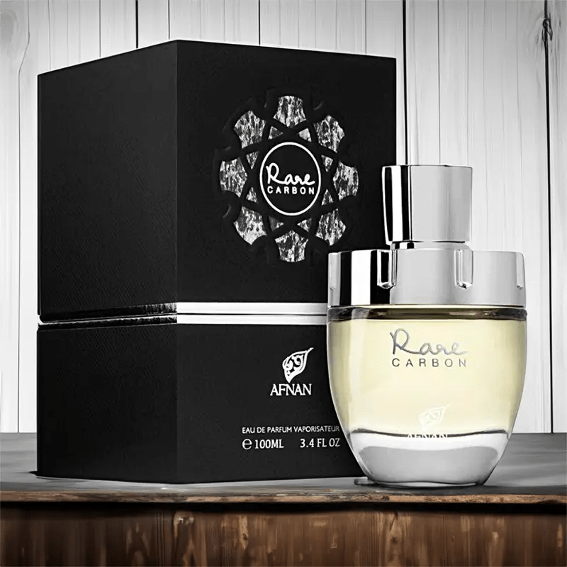 Perfume RARE CARBON -Afnan para Hombre caja y frasco perfume arabe