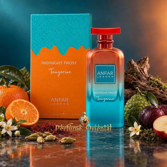 Midnight Frost Tangerine de Anfar London 100 ml con su caja naranja y turquesa, rodeado de frutas, especias y maderas.