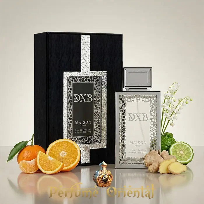 DXB Maison Asrar Eau de Parfum 100ml perfume árabe masculino cítrico aromático con mandarina, bergamota, jengibre y fondo almizclado floral