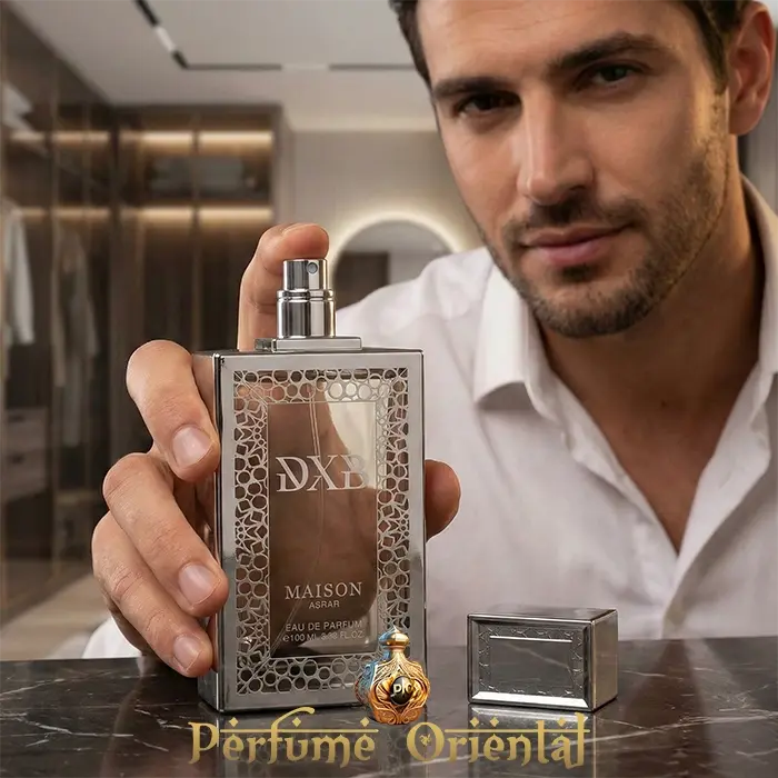 Frasco DXB Maison Asrar perfume oriental masculino presentado por modelo, fragancia cítrica fresca con perfil limpio y elegante