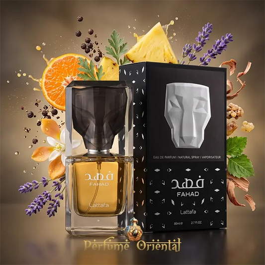 Fahad de Lattafa Eau de Parfum 80ml con su caja negra, perfume árabe amaderado para hombre