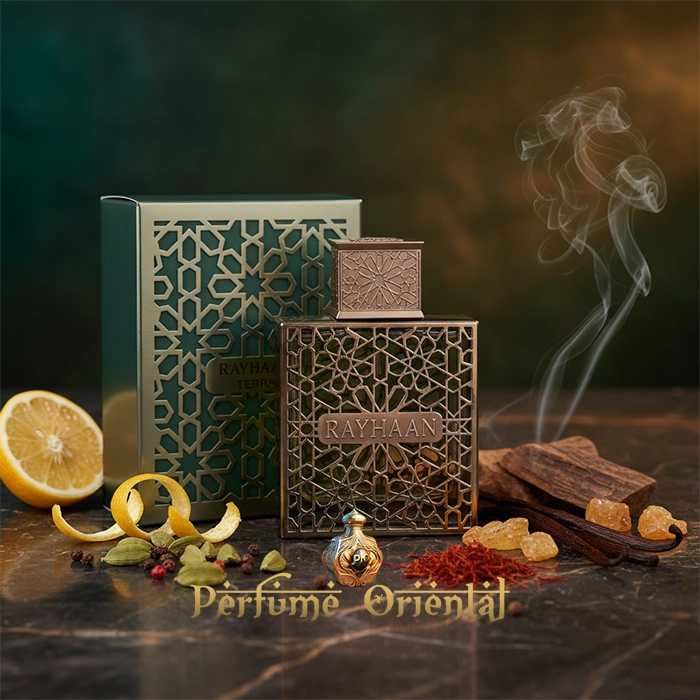 RAYHAAN TERRA Perfume Hombre – Eau de Parfum oriental inspirada en Outlands Amouage, con fondo ambarado y especias exóticas.