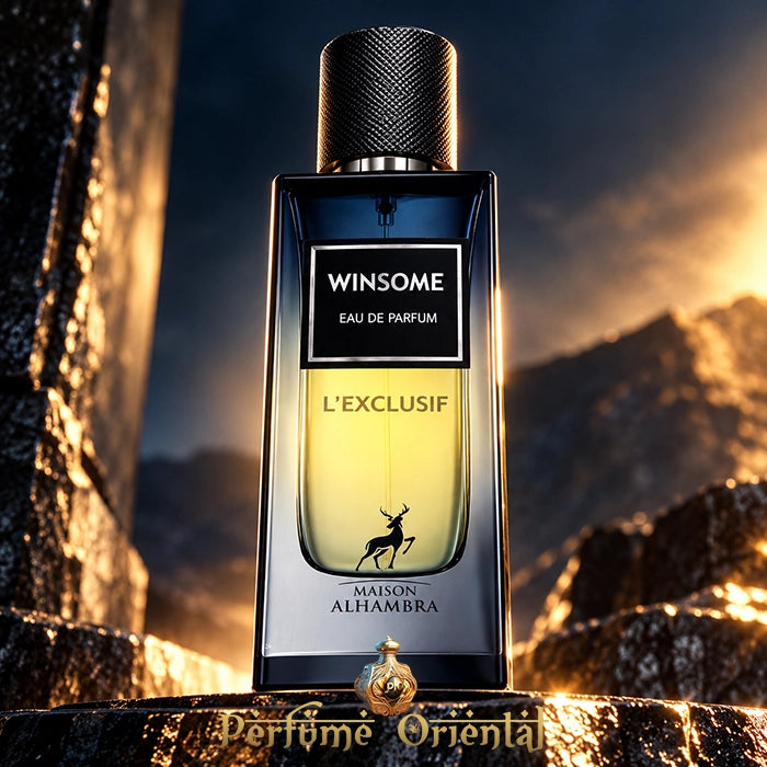 Winsome L'Exclusif de Maison Alhambra Eau de Parfum 90 ml para hombre, frasco azul oscuro con tapón negro texturizado.