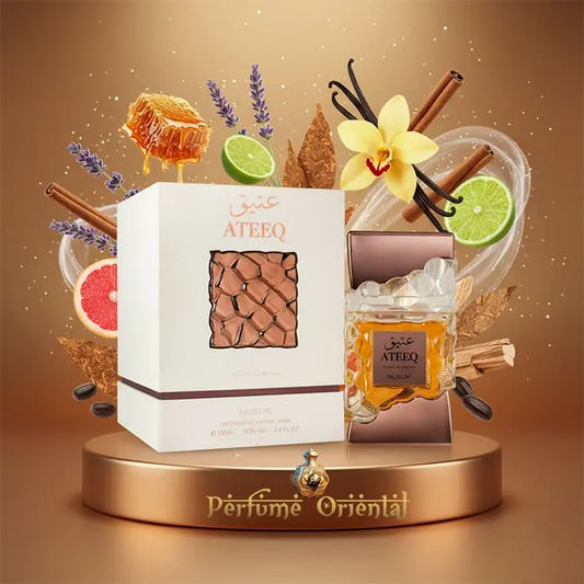 Perfume ATEEQ NUSUK para hombre con caja, fragancia oriental aromática con miel, canela y vainilla, inspirado en Xerjoff Naxos