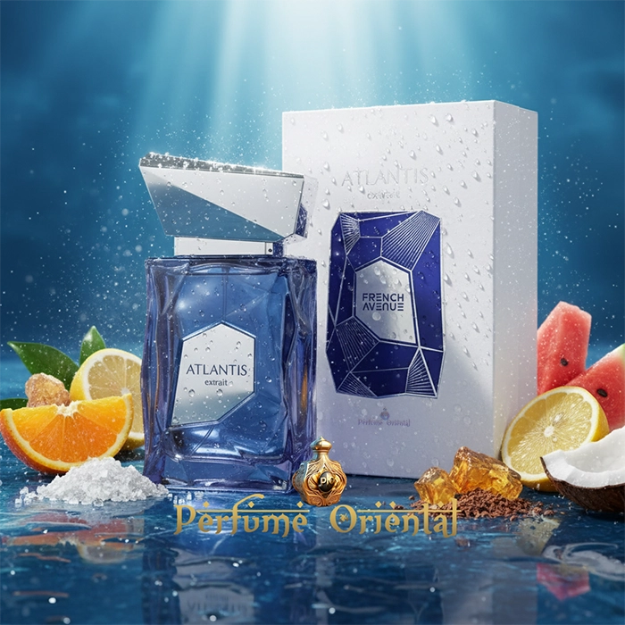 Perfume Atlantis Extrait French Avenue EDP 100ml junto a su packaging y elementos acuáticos