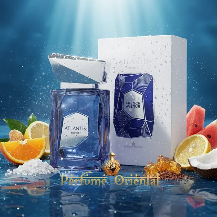Perfume Atlantis Extrait French Avenue EDP 100ml junto a su packaging y elementos acuáticos