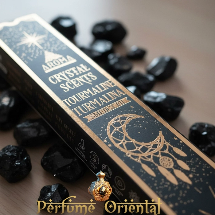 Caja de incienso AROMA Crystal Turmalina – Incluye piedra natural y varillas hechas a mano en India.