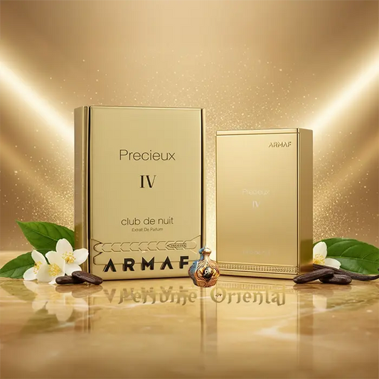 ARMAF CLUB DE NUIT PRECIEUX IV Extrait de Parfum femenino, estuche dorado elegante con notas de flores y vainilla