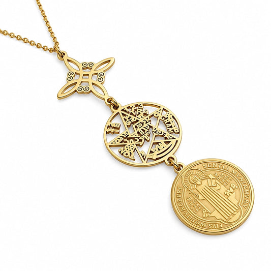 collar-triple-proteccion-nudo-bruja-san-benito-tetragramtron-acero-dorado