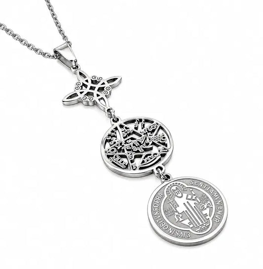 collar-triple-proteccion-nudo-bruja-san-benito-tetragramtron-acero