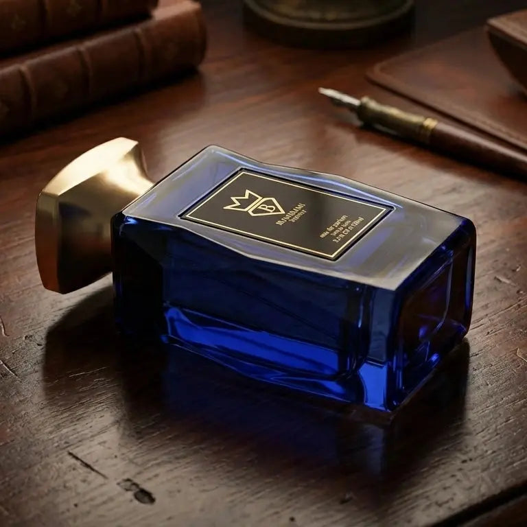 Perfume árabe Date Night Bujairami botella azul sobre mesa de madera fragancia masculina elegante