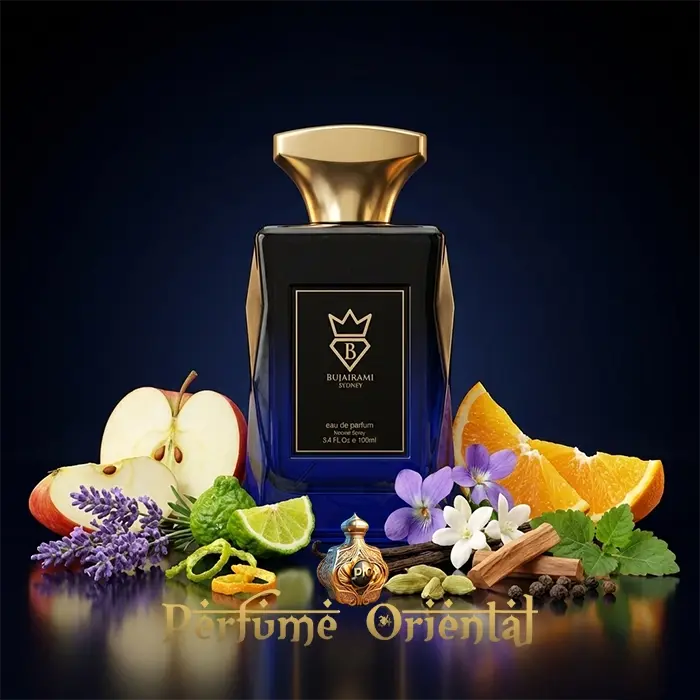 Bujairami Date Night perfume árabe masculino botella azul notas cítricas especiadas fragancia de lujo