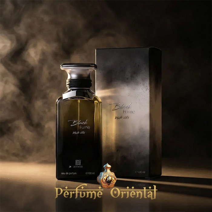 Black Fume Ahmed Al Maghribi perfume árabe botella y caja presentación premium fondo oscuro
