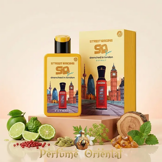 Drenched in London Street Origins 75ml Extrait Fragrance World con caja original, perfume árabe fresco amaderado