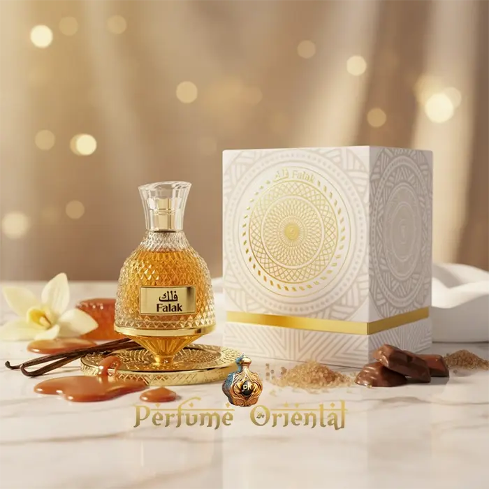 Perfume unisex FALAK de NUSUK 100 ml con caja dorada, notas de azúcar moreno, caramelo, vainilla, ámbar y praliné | Perfume Oriental