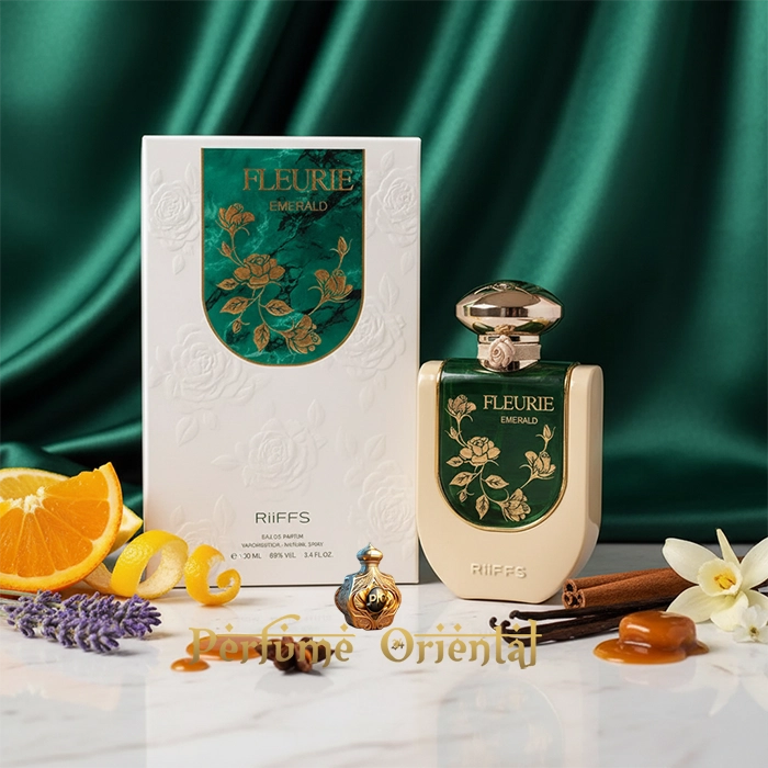 FLEURIE EMERALD by RiiFFS Eau de Parfum 100 ml with box — elegant green and gold perfume set surrounded by citrus, cinnamon, vanilla and caramel notes — Perfume Oriental