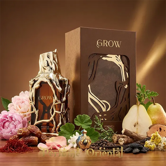 GROW French Avenue Extrait de Parfum with box and ingredients luxury oriental perfume product image