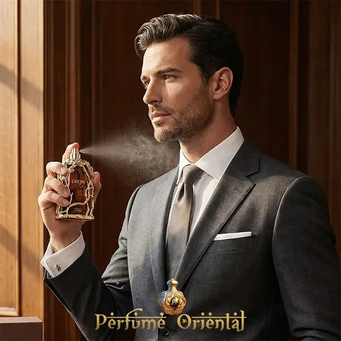 Man in suit spraying GROW French Avenue Extrait de Parfum elegant lifestyle fragrance image