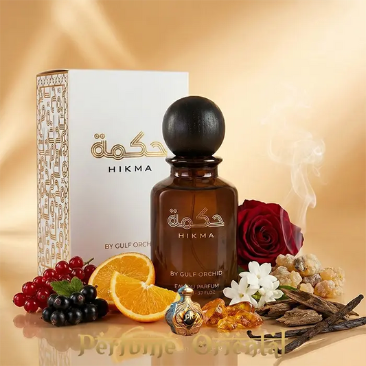 Packaging Hikma Gulf Orchid Eau de Parfum perfume árabe de lujo con perfil oriental oscuro, rosa, incienso y oud