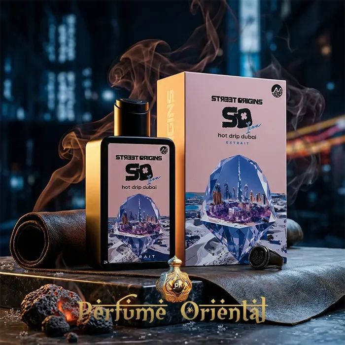 Hot Drip Dubai Street Origins Extrait perfume árabe de lujo con acorde especiado y fondo ambarado en ambientación nocturna