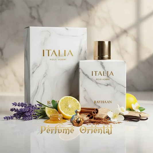 Presentación de RAYHAAN ITALIA Eau de Parfum 100ml, perfume árabe cálido y aromático para hombre con bergamota, miel, canela, vainilla y haba tonka, inspirado en XJ 1861 Naxos, disponible en Perfume Oriental.