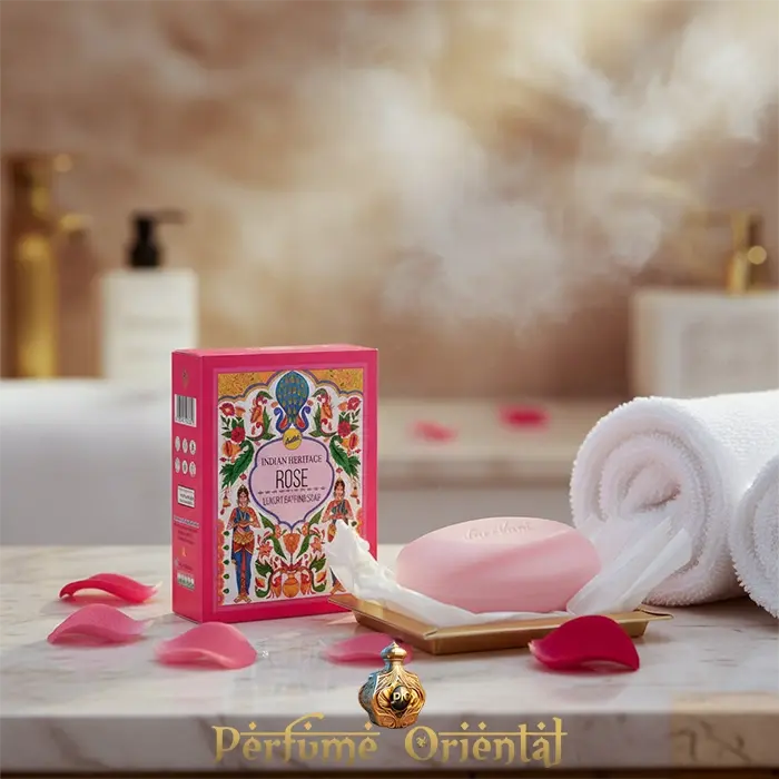 Indian Heritage Luxury Bathing Soap Rose – Jabón artesanal con aceite esencial de rosa natural.