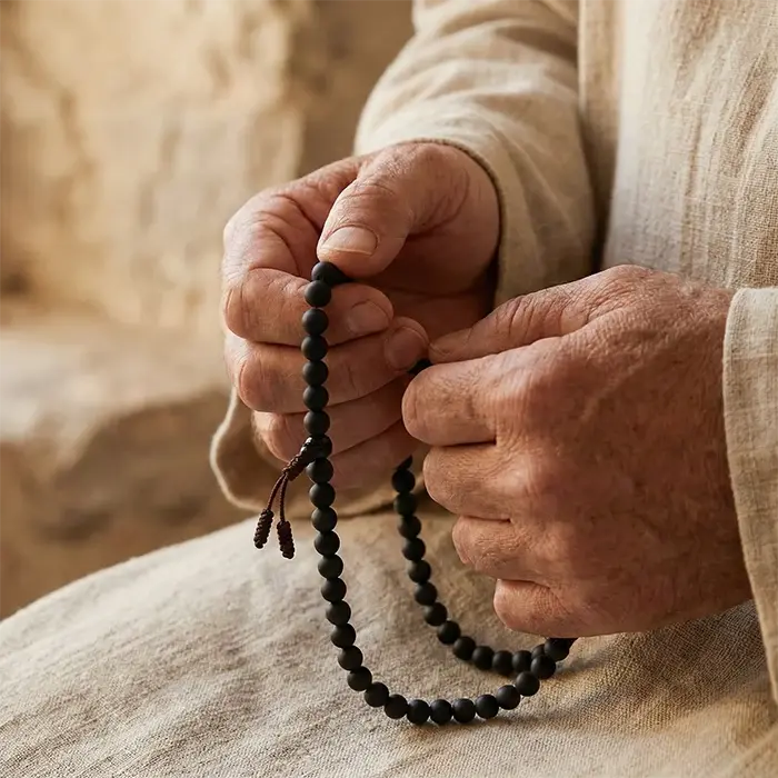 Close-up of hands holding a shaligram rosary with a blurred beige background