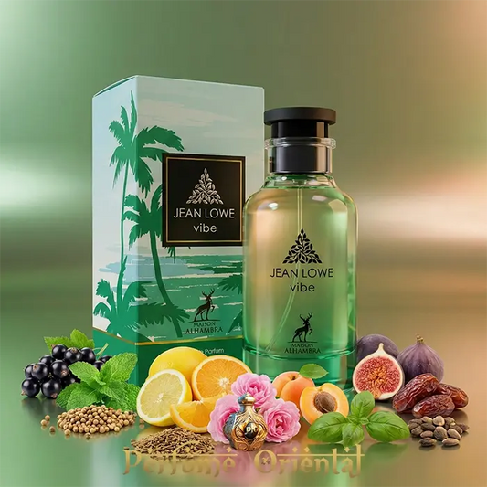 Perfume oriental Jean Lowe Vibe Eau de Parfum 100ml Maison Alhambra frasco con caja y notas frutales frescas