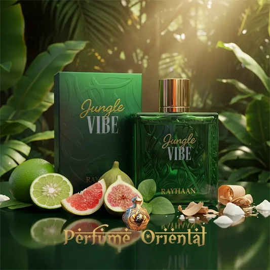 Presentación de RAYHAAN JUNGLE VIBE Eau de Parfum 100ml, perfume verde fresco con cítricos, higo y maderas suaves; fragancia árabe limpia y energizante disponible en Perfume Oriental.