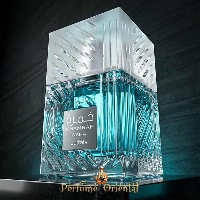 Khamrah Waha Lattafa Perfume Botella Hero Shot Diseño Azul Cristal Aroma Aromático Acuático Con Sal Marina