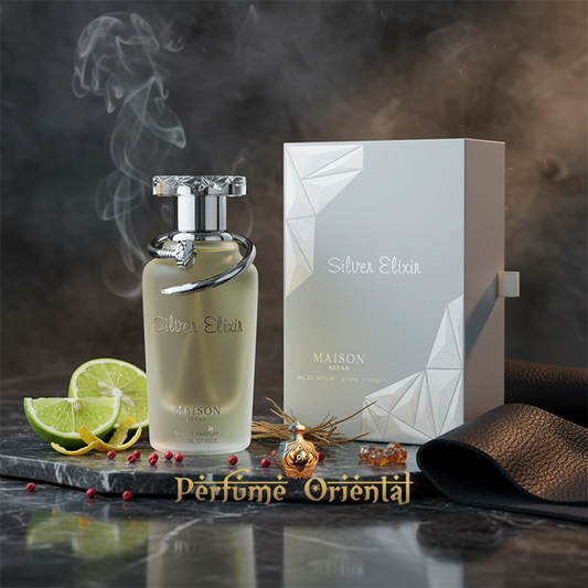 Fragancia masculina ahumada MAISON ASRAR SILVER ELIXIR presentación con caja