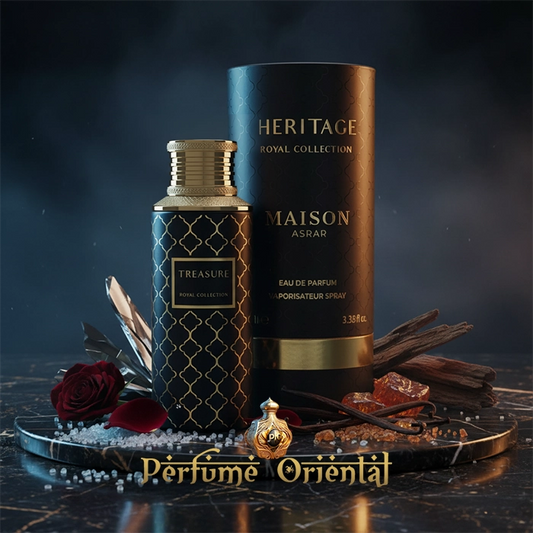 Perfume MAISON ASRAR TREASURE Royal Collection junto a caja HERITAGE