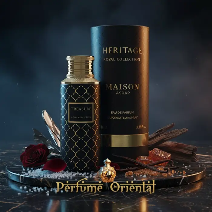 Perfume MAISON ASRAR TREASURE Royal Collection junto a caja HERITAGE