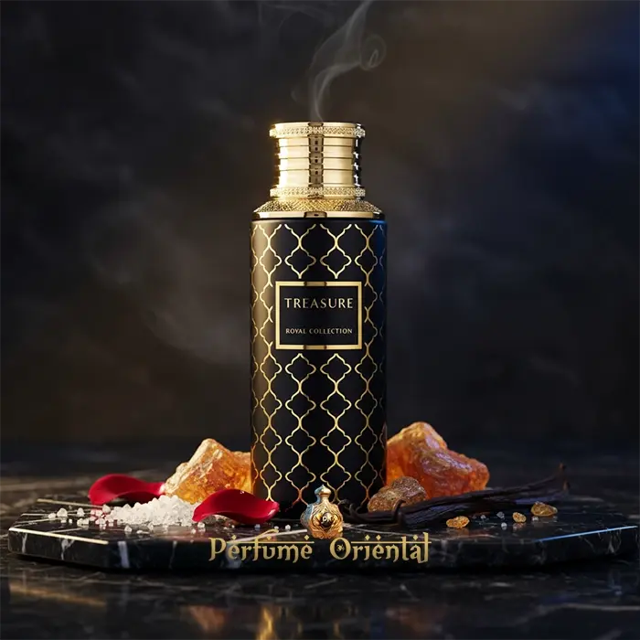 Perfume MAISON ASRAR TREASURE Royal Collection botella negra y dorada
