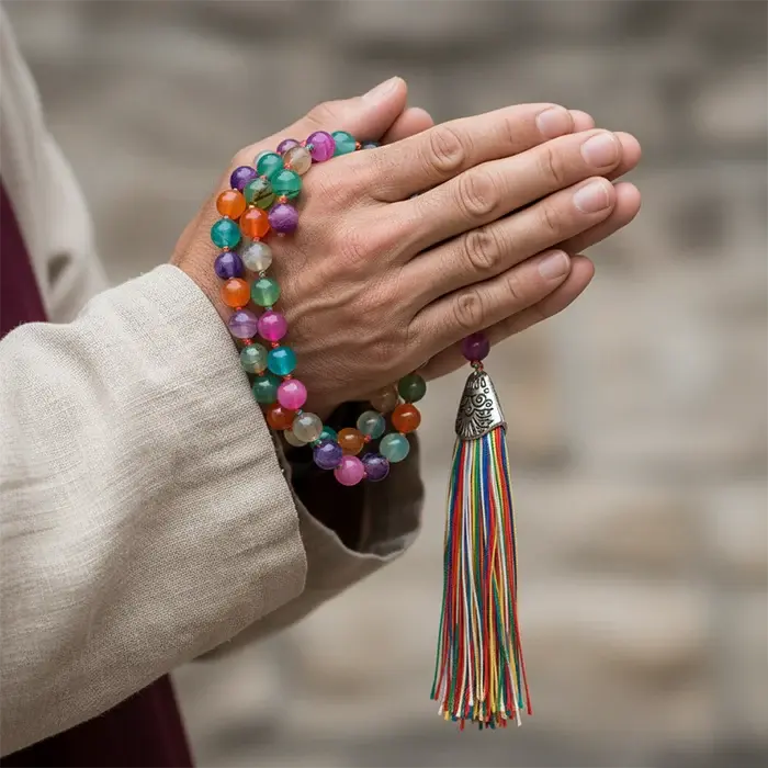 Colorful natural agate beaded bracelet with a tassel worn by a person, blurred background