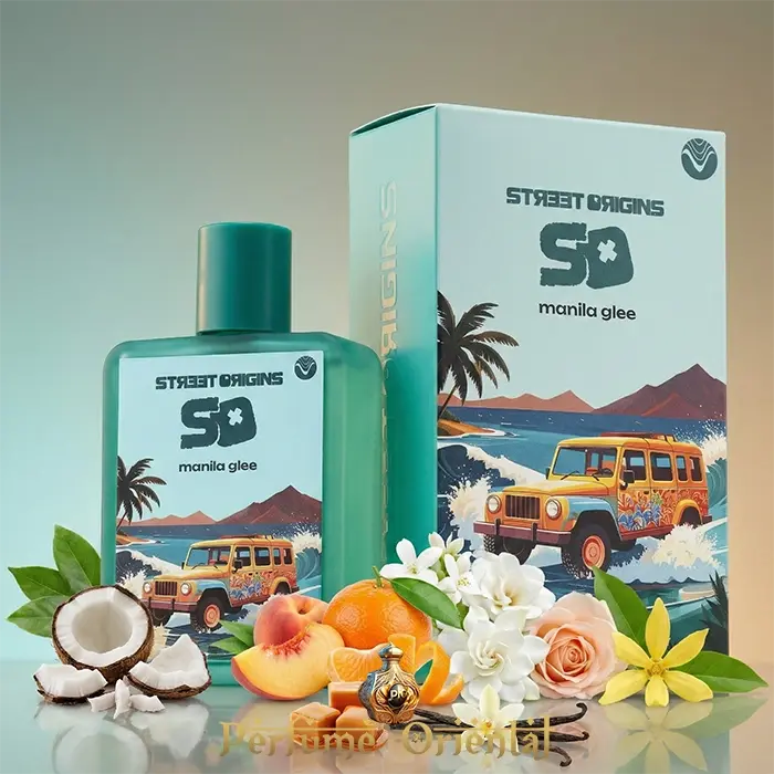Manila Glee Street Origins 75ml Fragrance World perfume árabe con caja original – notas de coco, melocotón, naranja y flores blancas