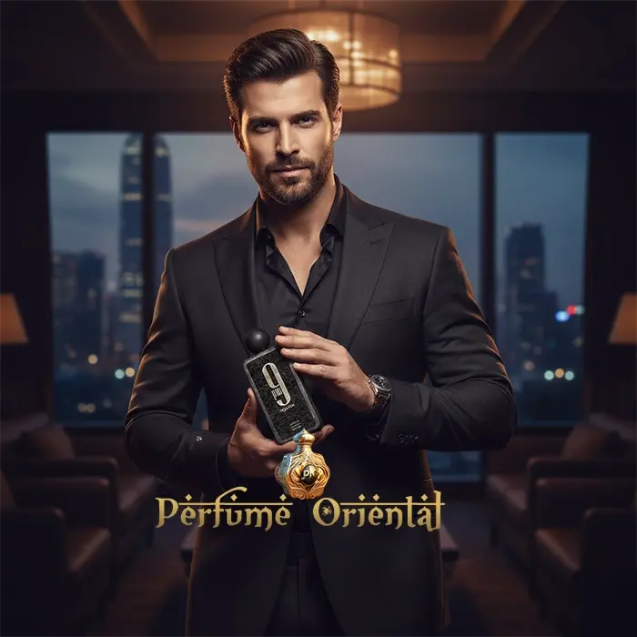 hombre elegante usando 9 PM Night Out Extrait de Parfum Afnan, perfume árabe de lujo unisex, perfume oriental nocturno, estilo sofisticado