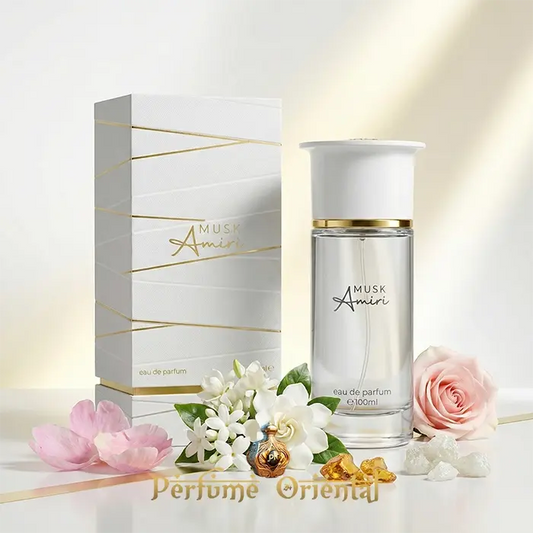 Musk Amiri Ahmed Al Maghribi perfume árabe 100ml con caja original, flores blancas y rosas, composición floral elegante, perfumería oriental de lujo