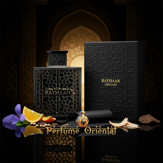 Presentación de RAYHAAN OBSIDIAN 100ML EDP, perfume unisex árabe inspirado en DIOR HOMME PARFUM, con notas de iris, cuero, maderas nobles y oud, edición exclusiva Perfume Oriental.