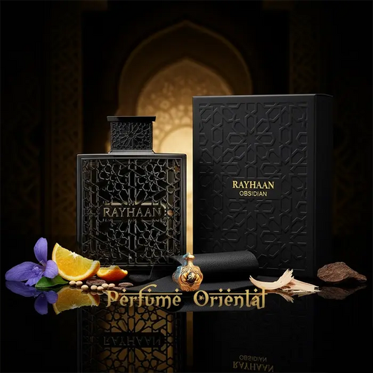 Presentación de RAYHAAN OBSIDIAN 100ML EDP, perfume unisex árabe inspirado en DIOR HOMME PARFUM, con notas de iris, cuero, maderas nobles y oud, edición exclusiva Perfume Oriental.