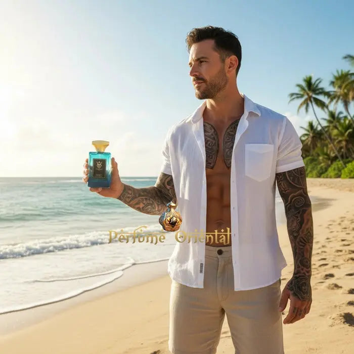 Perfume árabe Perfect Life 100ml Bujairami Perfumes hombre en playa con fragancia fresca veraniega