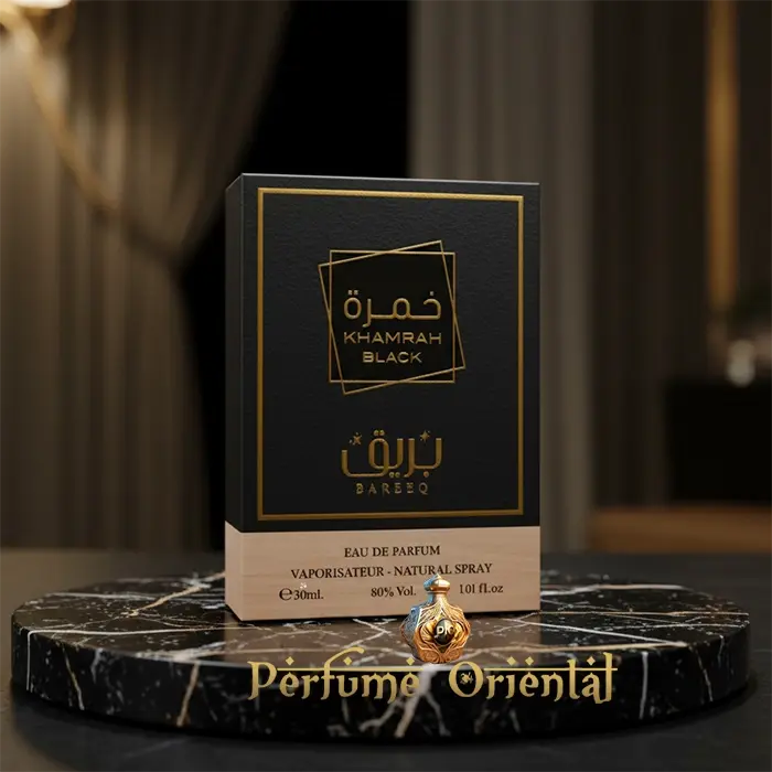 Perfume KHAMRAH BLACK 30 ml by BAREEQ – fragancia oriental con canela, dátiles y praliné