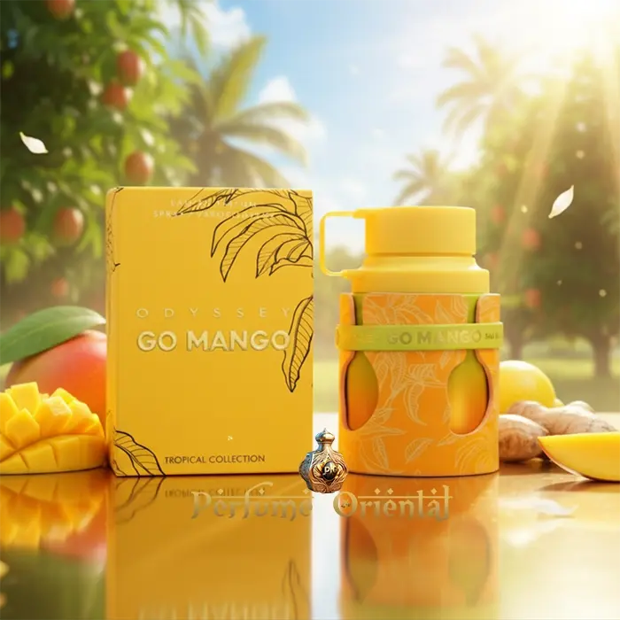 Perfume ARMAF ODYSSEY GO MANGO Eau de Parfum unisex con caja tropical y notas de mango, jengibre y vainilla