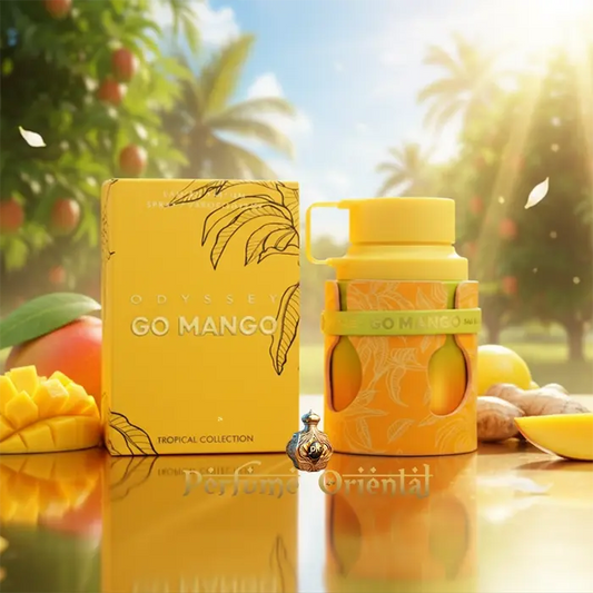 Perfume ARMAF ODYSSEY GO MANGO Eau de Parfum unisex con caja tropical y notas de mango, jengibre y vainilla