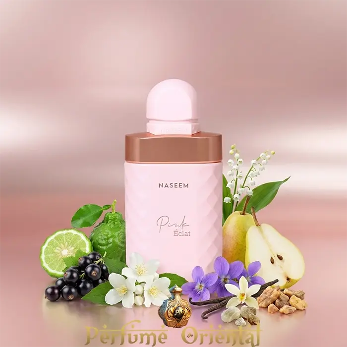 Pink Éclat Naseem 100ml perfume árabe sin alcohol con bergamota, pera, frutos negros y flores blancas