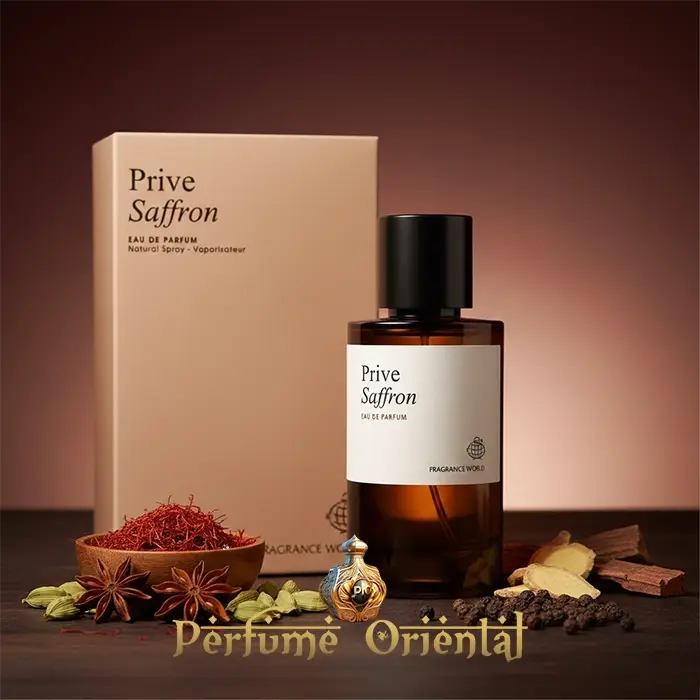 Privé Saffron – Fragrance World Eau de Parfum 60ml, perfume árabe unisex con azafrán noble, acorde especiado y base amaderada, fragancia oriental sofisticada