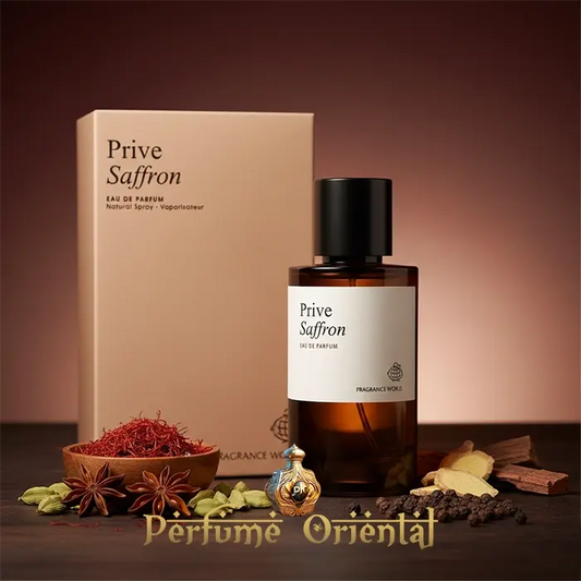 Privé Saffron – Fragrance World Eau de Parfum 60ml, perfume árabe unisex con azafrán noble, acorde especiado y base amaderada, fragancia oriental sofisticada