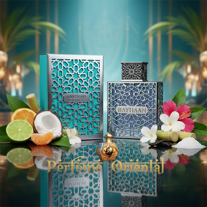 Presentación de RAYHAAN AQUATICA 100ML EDP, perfume árabe tropical para hombre con notas de coco, cítricos, flores exóticas y ron; fragancia inspirada en Virgin Island Water, disponible en Perfume Oriental.