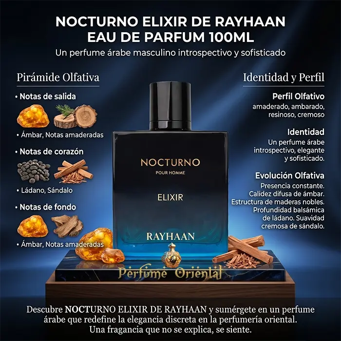 Nocturno Elixir Rayhaan Notas Ambar Maderas Ladano Sandalo Perfume Masculino Intenso Amaderado Oriental Elegante