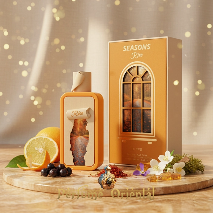 Perfume unisex SEASONS RISE de RIIFFS con caja color ámbar, notas de bergamota, azafrán, violeta, jazmín, grosella negra y almizcle | Perfume Oriental